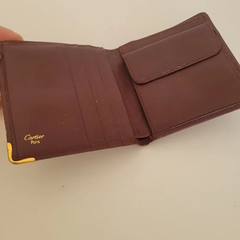 Must De Cartier Men's Bifold Leather Bordeaux Red Wallet Medium Retro Card Bill